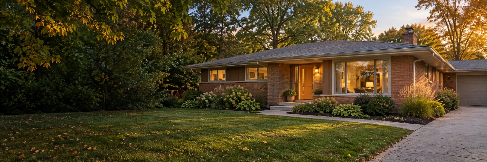 Brick ranch home with a lit front window and landscaped lawn at sunset