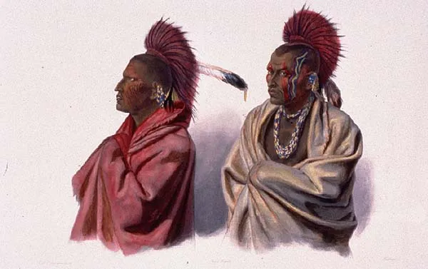 Hand-colored portrait of two men in profile and three-quarter view, each wearing a red roach headdress, one in a red blanket and one in a pale robe with a beaded necklace