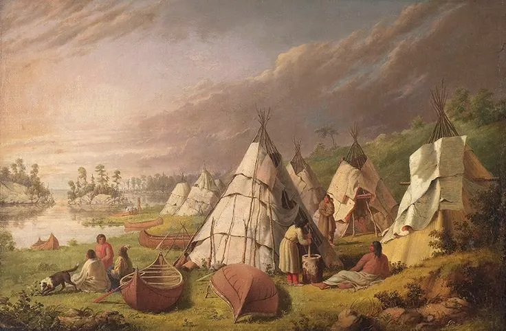 Oil painting of a lakeshore camp with birchbark lodges, canoes drawn up on the grass, and people sitting and working outside