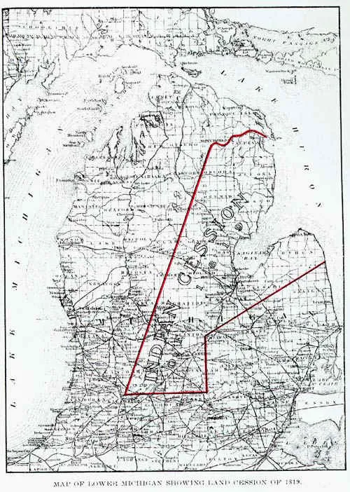 Black and white map of Michigan's Lower Peninsula with a red outline marking the large wedge of central Michigan ceded in 1819