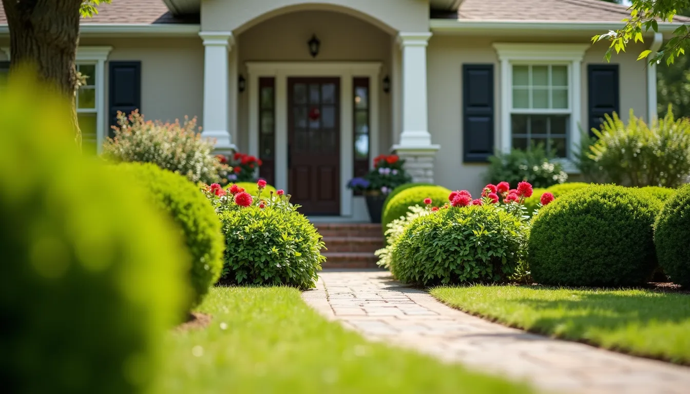 Eye-level view of a neatly landscaped front yard with trimmed bushes and colorful flowers