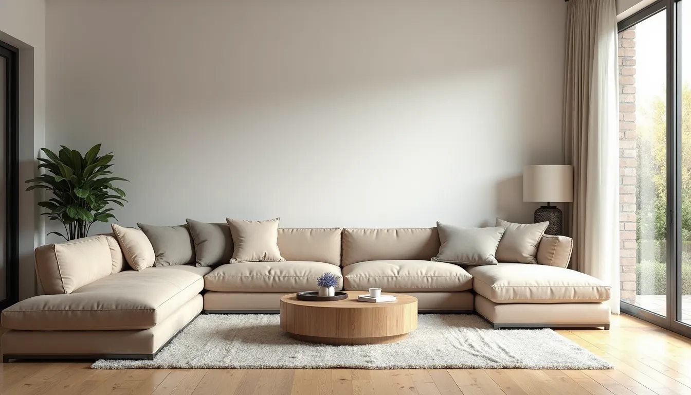 Wide angle view of a bright and spacious living room staged for a home showing