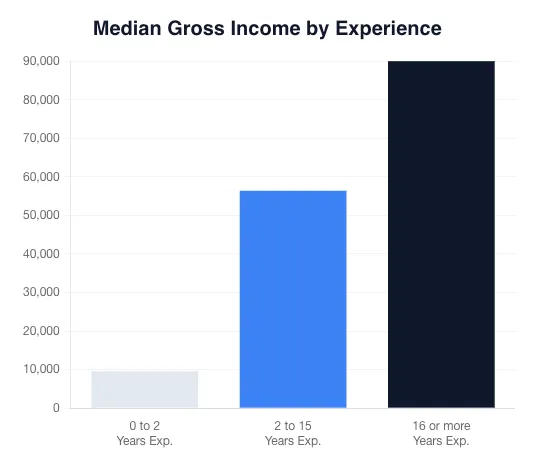 Bar chart showing median gross income by experience: light gray bar for 0-2 years, blue for 2-15 years, and dark blue for 16+ years.