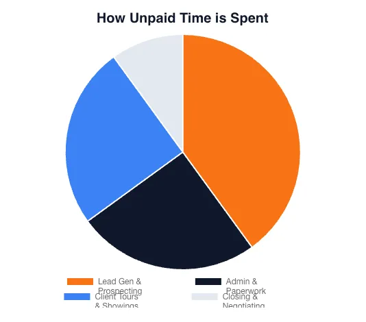 Pie chart titled "How Unpaid Time is Spent" with segments: orange for Lead Gen, blue for Client Tours, black for Admin, gray for Closing.